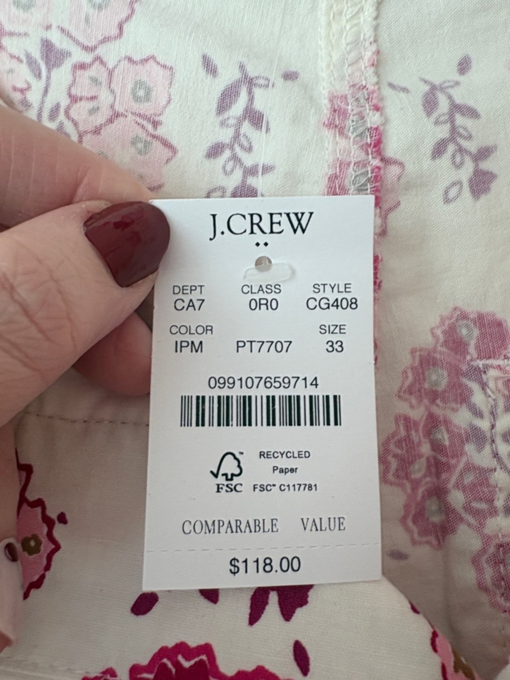 J. Crew High Rise White Straight Ankle Pants with Pink Floral Print - Picture 9 of 10